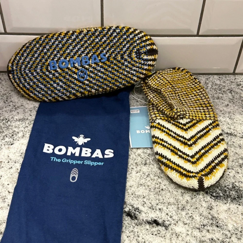 Bombas‎ Kids The Gripper Slipper Chevron Knit Yellow Brown White Medium NWT